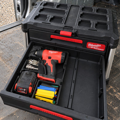 Sort 3D-printet Packout indlæg til M18 BHG varmluftpistol med batteri, dyser og krympeflex i Milwaukee Packout skuffemodul